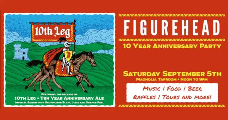 A flyer for a brewery anniversary event, set against a red backgound