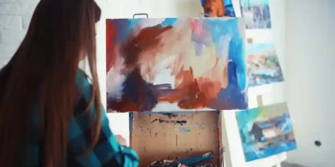 College student painting on a canvas in an art studio, illustrating how hobbies and social activities support student life and personal growth.