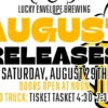 Brewed with Intention. Lucky Envelope Releasing Five Beers on One Day A poster for a beer release event with gold and black lettering against a white background
