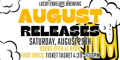 A poster for a beer release event with gold and black lettering against a white background