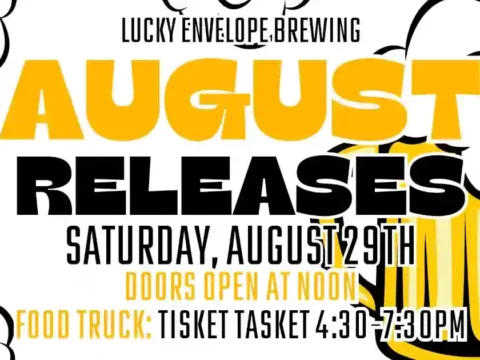 Brewed with Intention. Lucky Envelope Releasing Five Beers on One Day A poster for a beer release event with gold and black lettering against a white background