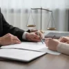 A lawyer in a black suit pointing at legal documents while consulting with a client at a desk, featuring a scale of justice in the background.