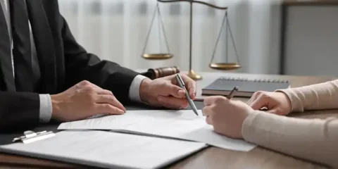 Inside a Modern Divorce Practice: How Firms Like MM Law Approach Client-Centered Representation A lawyer in a black suit pointing at legal documents while consulting with a client at a desk, featuring a scale of justice in the background.