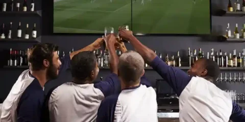 The Pint Is No Longer the Whole Night Friends raising beer glasses while watching a soccer match together at a lively bar, highlighting the social experience beyond the pint.
