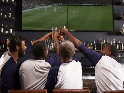 Friends raising beer glasses while watching a soccer match together at a lively bar, highlighting the social experience beyond the pint.