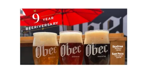 A poster for an anniversary event at obec brewing with three pints of beer in various shades