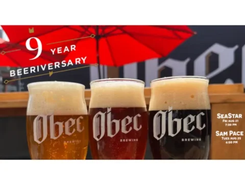 A poster for an anniversary event at obec brewing with three pints of beer in various shades