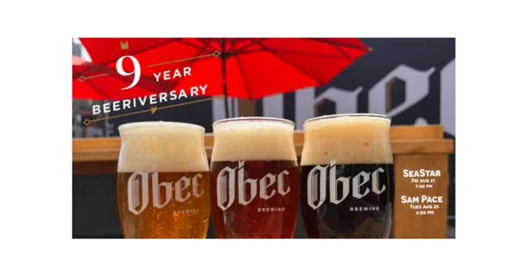 However You Pronounce it, Obec Brewing Celebrates its 9th Anniversary A poster for an anniversary event at obec brewing with three pints of beer in various shades