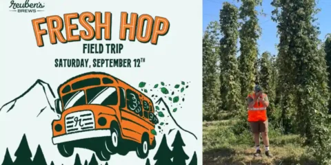 Reuben’s Brews Fresh Hop Field Trip. You Need to Get on That Bus! A person in an orange vest walking in a hop field