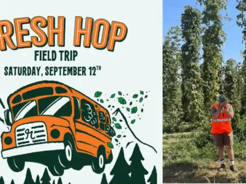 Reuben’s Brews Fresh Hop Field Trip. You Need to Get on That Bus! A person in an orange vest walking in a hop field
