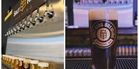 A picture of a row of taps and also a pint of dark brown beer