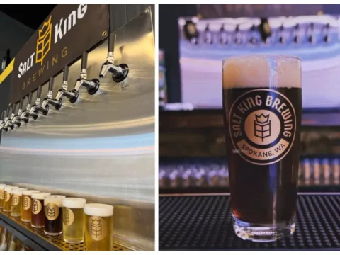 Softly Open Now, Grand Opening on August 15th: Spokane’s Salt King Brewing A picture of a row of taps and also a pint of dark brown beer