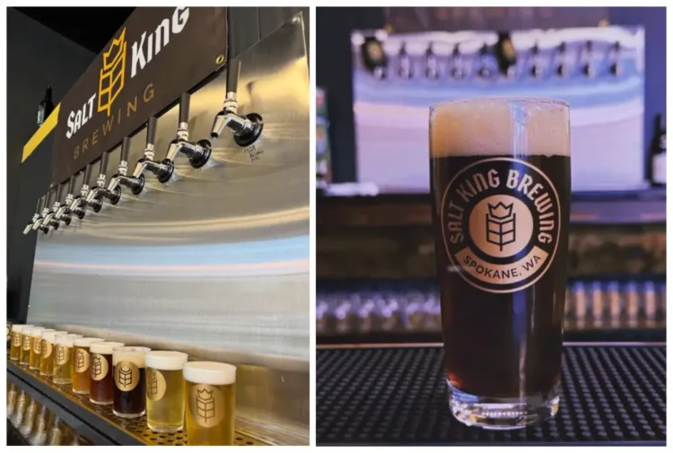 Softly Open Now, Grand Opening on August 15th: Spokane’s Salt King Brewing A picture of a row of taps and also a pint of dark brown beer