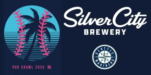 Silver City Brewery’s Annual Pub Crawl to the Ballgame is Back logos for the brewery and the baseball team against a blue background