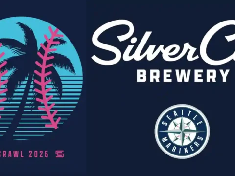 Silver City Brewery’s Annual Pub Crawl to the Ballgame is Back logos for the brewery and the baseball team against a blue background