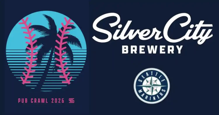 Silver City Brewery’s Annual Pub Crawl to the Ballgame is Back logos for the brewery and the baseball team against a blue background