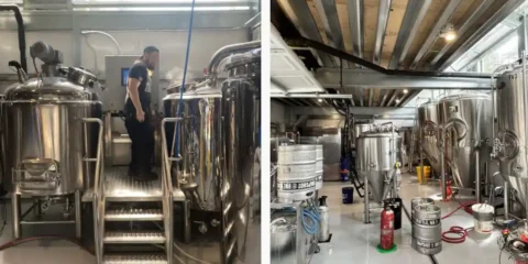 Two pictures inside a brewery, with stainless steel tanks and brewhouse
