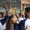 Craft beer and sports fans celebrating together in a Washington taproom while watching a soccer match on large screens.