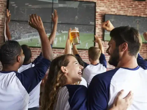 Craft beer and sports fans celebrating together in a Washington taproom while watching a soccer match on large screens.