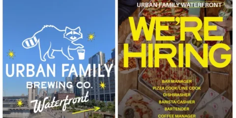 Urban Family Brewing is Getting Very Close to Opening on the Waterfront A picture of the Seattle waterfront next to a poster for a brewery taproom hiring