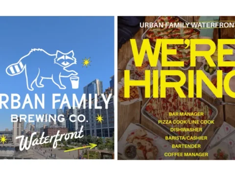 Urban Family Brewing is Getting Very Close to Opening on the Waterfront A picture of the Seattle waterfront next to a poster for a brewery taproom hiring