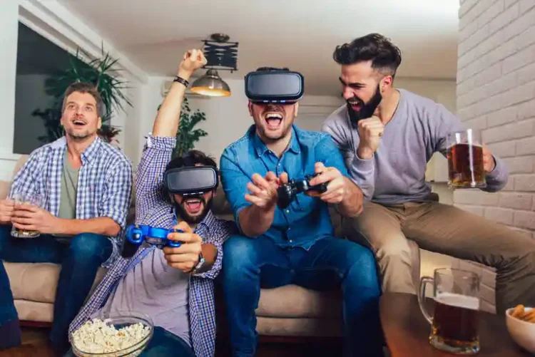 Gamers wearing VR headsets and drinking beer while playing a video game with adaptive difficulty.