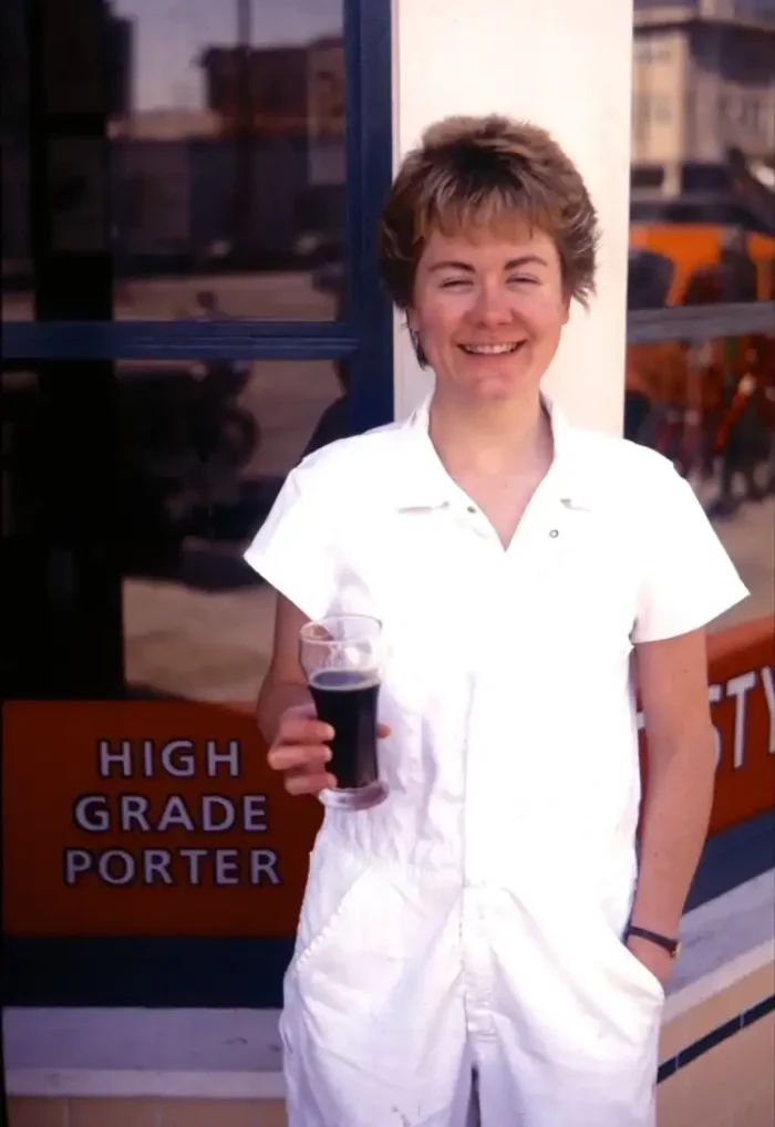 Teri Fahrendorf with a beer outside of the Triple Rock