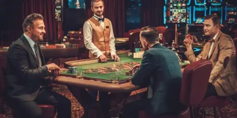 Beyond the Games: 4 Casinos with More Reasons to Keep Exploring Group of players gathered around a casino table with a dealer, highlighting the social entertainment and experiences beyond casino games.