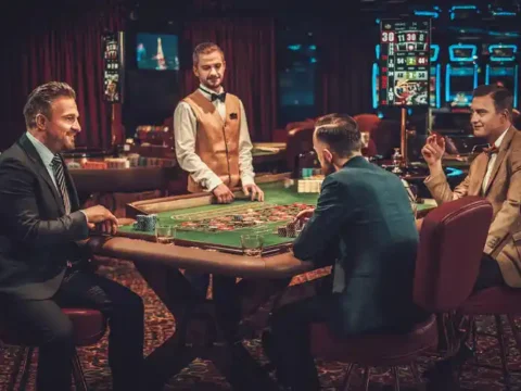 Beyond the Games: 4 Casinos with More Reasons to Keep Exploring Group of players gathered around a casino table with a dealer, highlighting the social entertainment and experiences beyond casino games.