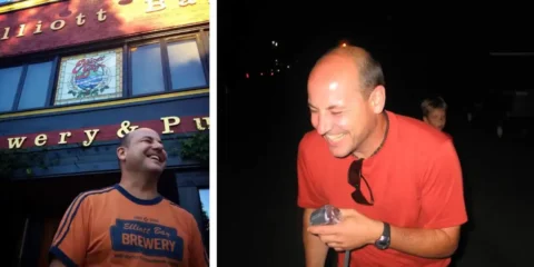 Elliott Bay Brewing’s Doug Hindman Earns Master Brewers’ Highest Honor two pictures of Doug Hindman laughing, side by side