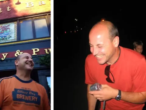 two pictures of Doug Hindman laughing, side by side
