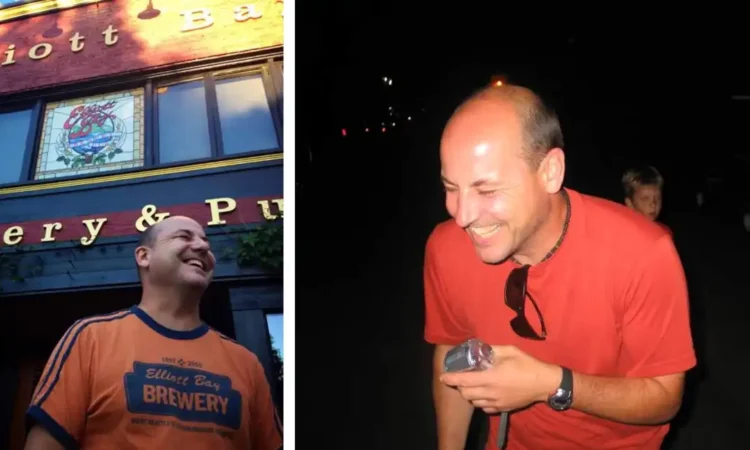 two pictures of Doug Hindman laughing, side by side