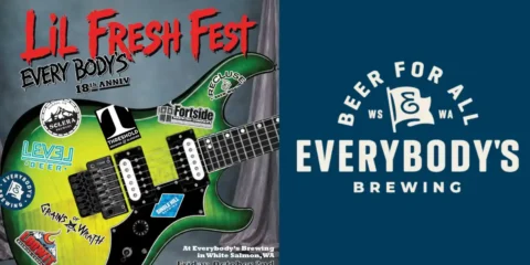 A poster for a brewery anniversary with the image of a colorful guitar
