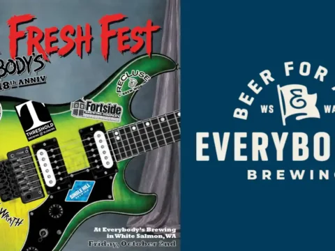 Everybody’s Brewing Celebrates “18 and Life to Go” on October 2nd A poster for a brewery anniversary with the image of a colorful guitar