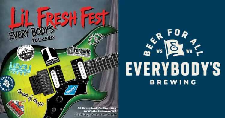 Everybody’s Brewing Celebrates “18 and Life to Go” on October 2nd A poster for a brewery anniversary with the image of a colorful guitar