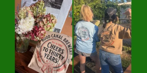 Two people wearing anniversary apparel for a brewery