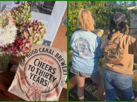 Two people wearing anniversary apparel for a brewery