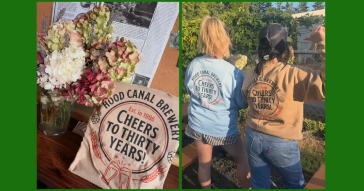 Two people wearing anniversary apparel for a brewery