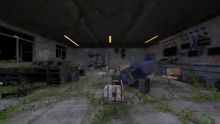 Abandoned, overgrown control room in a zombie-ravaged world for Last War: Survival.