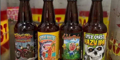 After 36 Years, Lost Coast Brewery is For Sale, at Auction Four bottles of beer with brightly colored labels