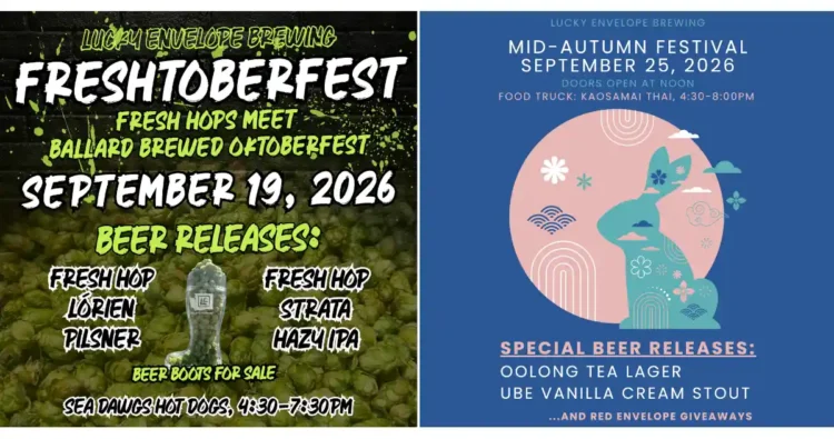 Lucky Envelope Brewing Presents Freshtoberfest and a Mid-Autumn Fest posters for two events at a brewery