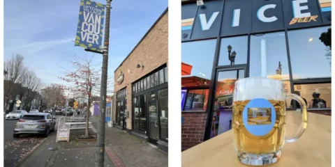 A picture of a taproom from the street along side another picture showing a pint in front of another taproom