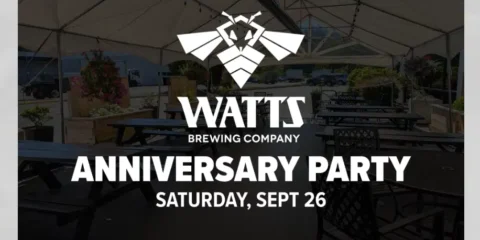 Watts Brewing Marks Three Years in Woodinville with a Waggle Dance a black and white flyer for an anniversary party at a brewery
