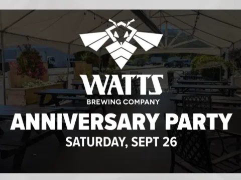 a black and white flyer for an anniversary party at a brewery
