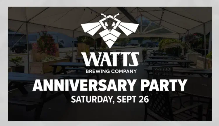 a black and white flyer for an anniversary party at a brewery