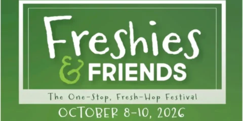 5 Rights Brewing Presents Freshies and Friends 2026 – Starts Thursday A small poster for a fresh hop festival, with white letters against a green background