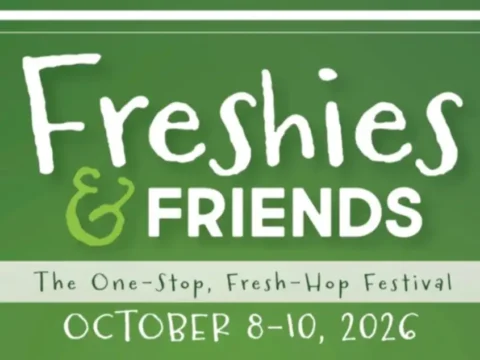 5 Rights Brewing Presents Freshies and Friends 2026 – Starts Thursday A small poster for a fresh hop festival, with white letters against a green background