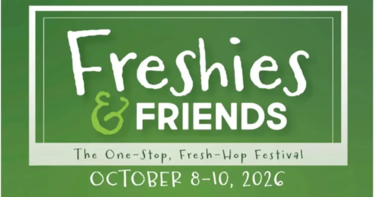 5 Rights Brewing Presents Freshies and Friends 2026 – Starts Thursday A small poster for a fresh hop festival, with white letters against a green background