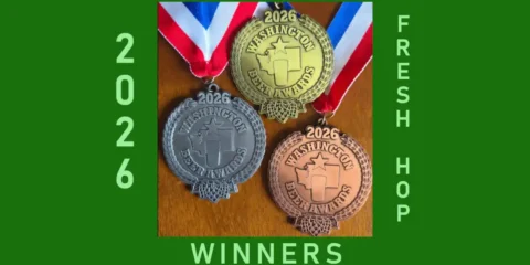 Announcing the 2026 Washington Beer Awards Fresh Hop Beer Winners Beer awards medals against a green background
