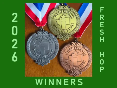 Announcing the 2026 Washington Beer Awards Fresh Hop Beer Winners Beer awards medals against a green background